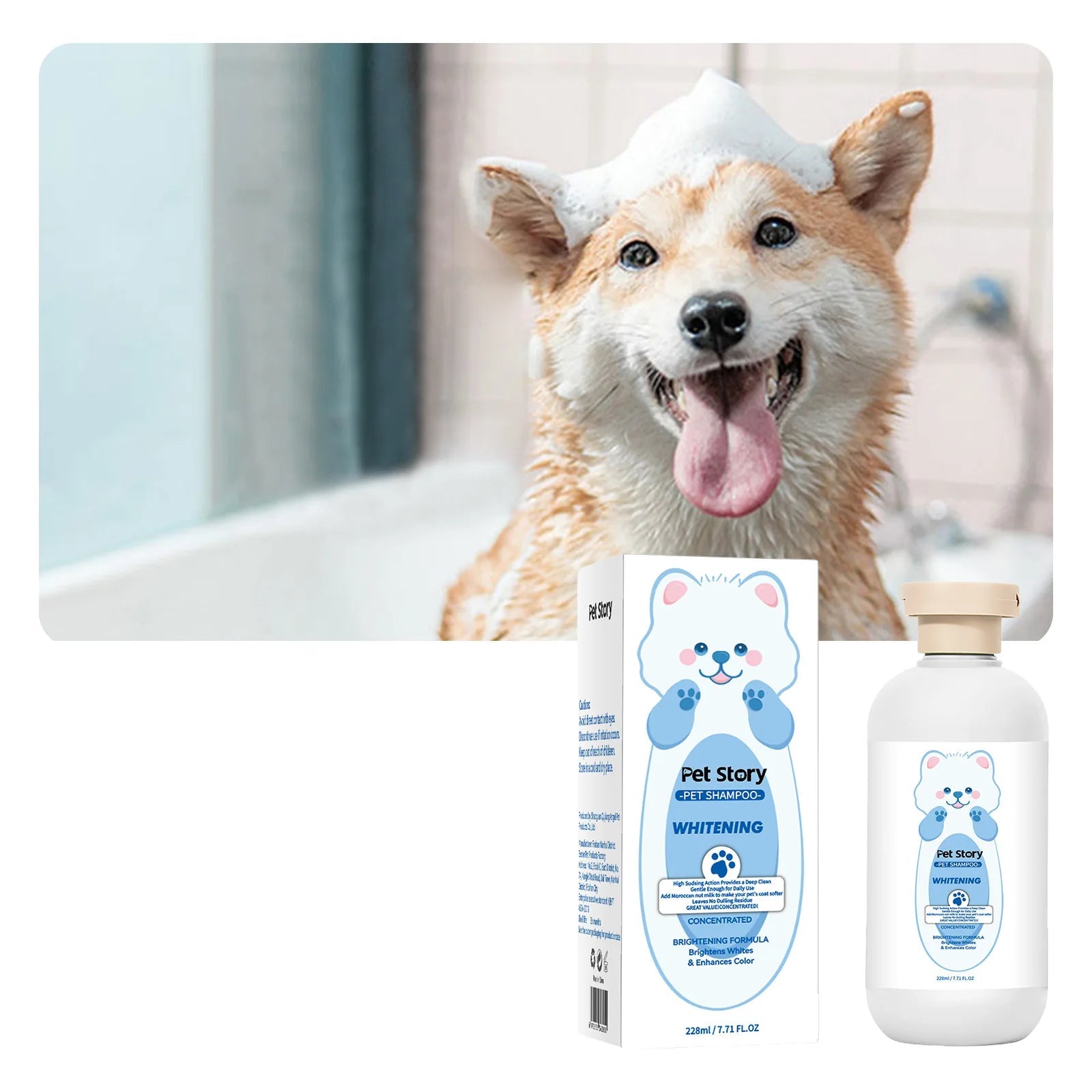 Dog being bathed with Pet Story whitening pet shampoo, shown with the 228ml bottle and product packaging