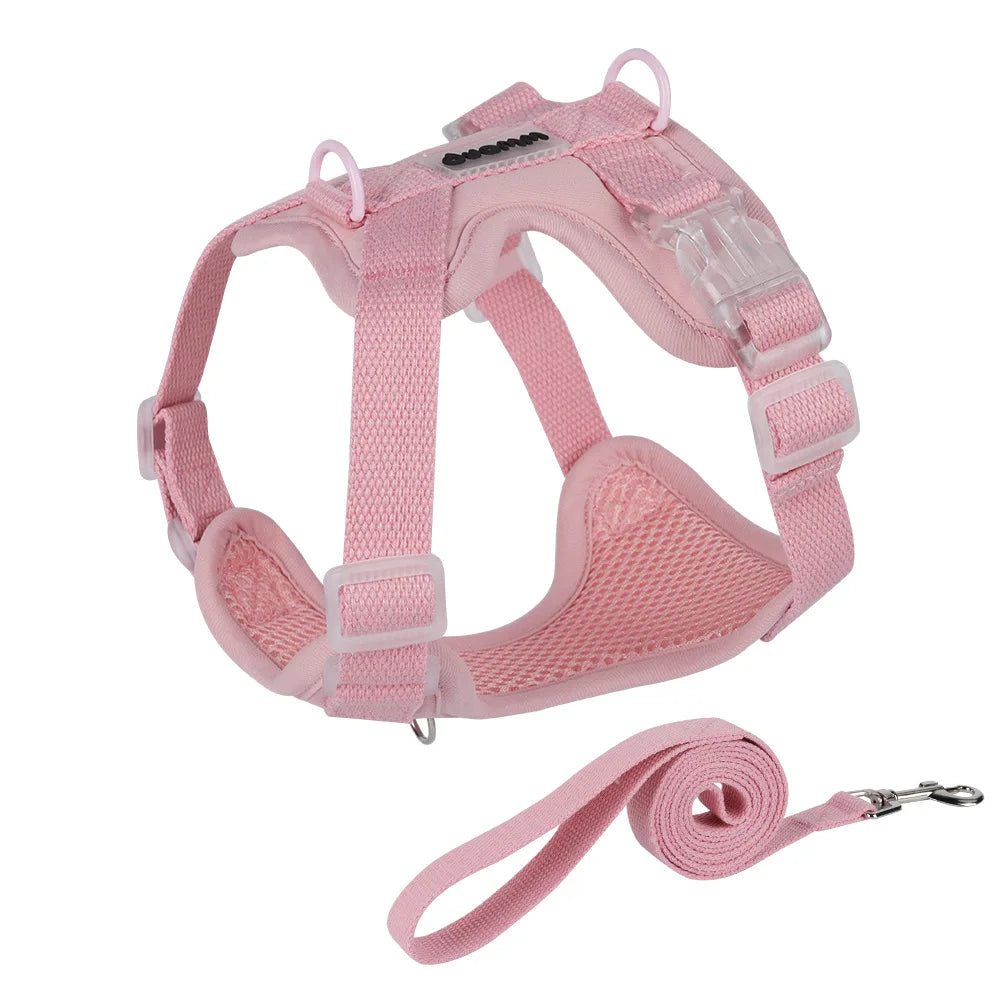 Pink adjustable mesh dog harness with padded chest support, clear buckles, metal leash rings and matching pink leash