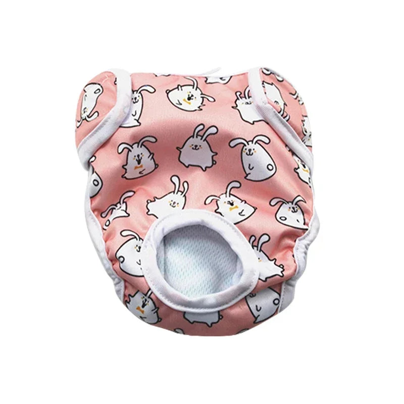 Pink reusable female dog diaper with bunny print, tail hole and adjustable hook-and-loop fastening