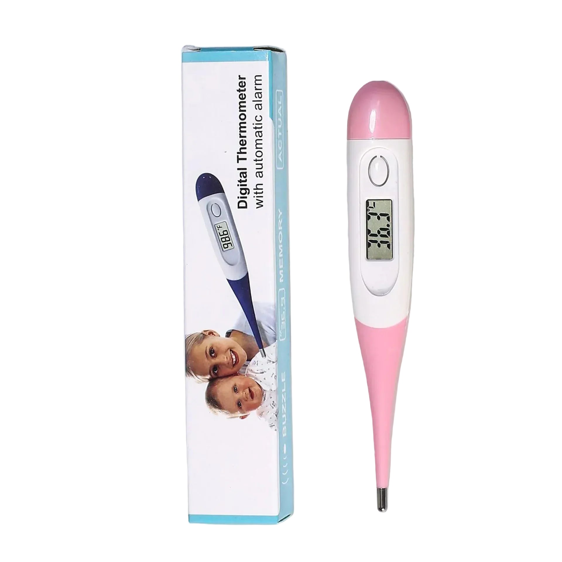 Pink and white digital thermometer with LCD display and automatic alarm beside its product packaging