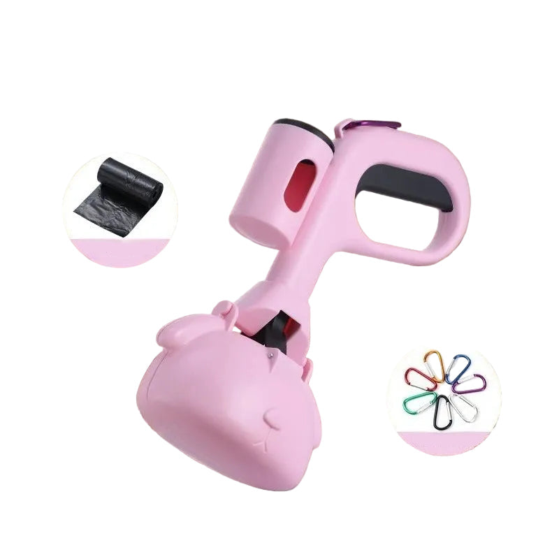 Pink dog poop bag dispenser with waste bags and colourful carabiner clips