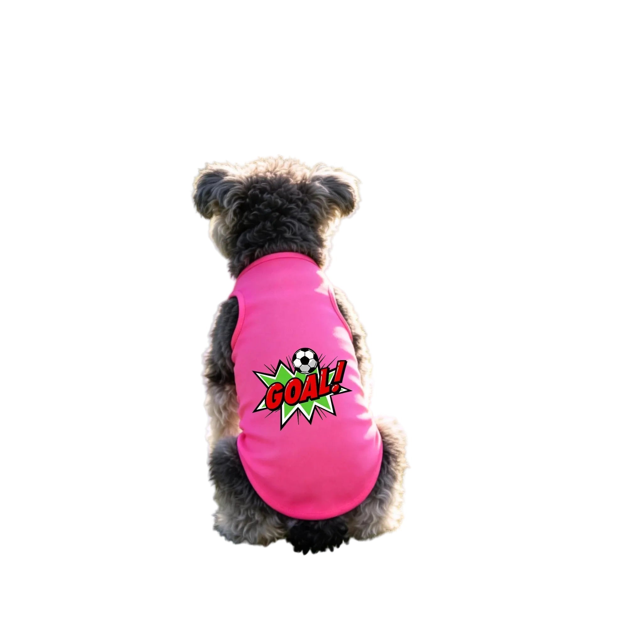Small dog wearing a bright pink dog shirt with a soccer ball and GOAL graphic on the back