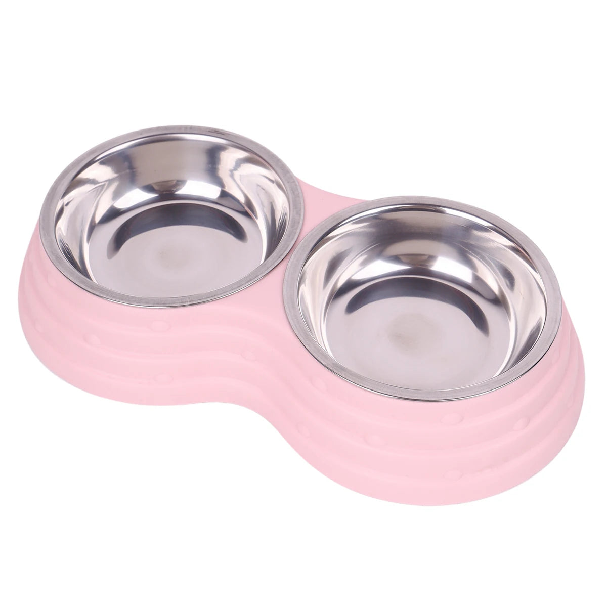 Pink double pet bowl set with two stainless steel bowls for dog or cat food and water