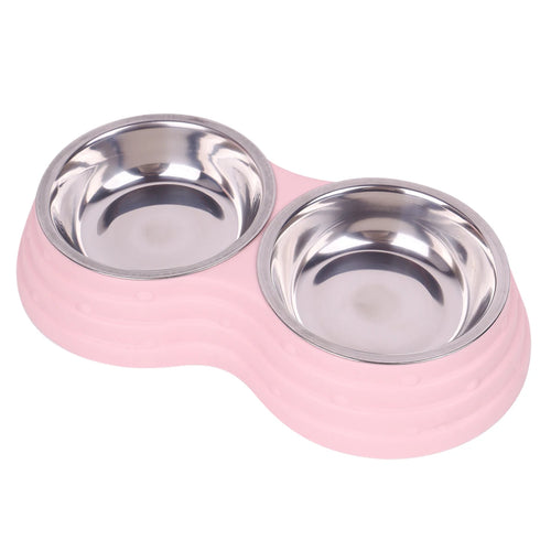 Pink double pet bowl set with two stainless steel bowls for dog or cat food and water