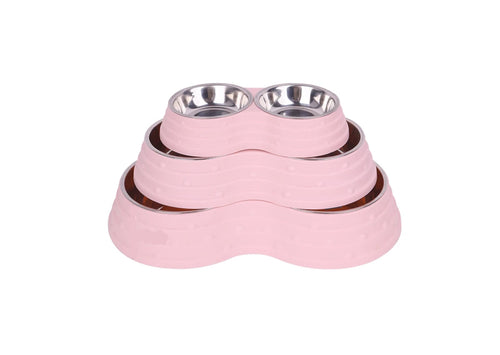 Pink double pet bowl set with two stainless steel bowls for dog or cat food and water