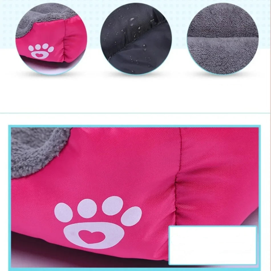 Pink and grey bolster dog bed showing soft plush lining, water-resistant base and paw print detail