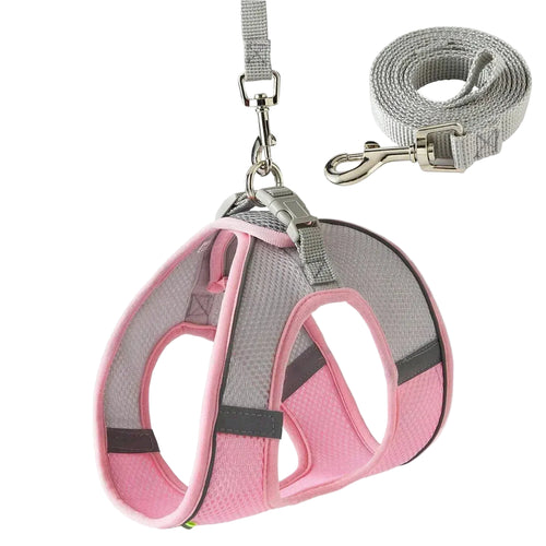 Pink and grey breathable mesh dog harness with reflective trim, adjustable straps and matching leash