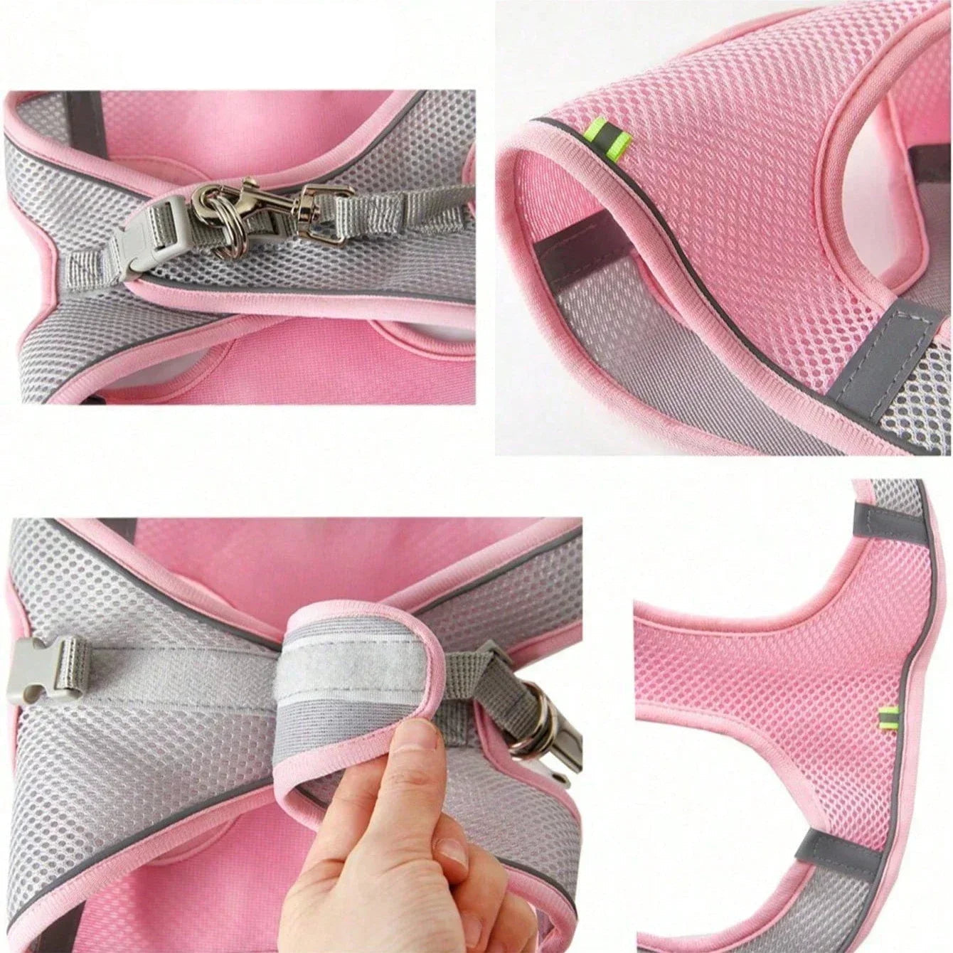 Close-up views of a pink and grey breathable mesh pet harness showing buckle, leash clip, reflective trim and adjustable strap details