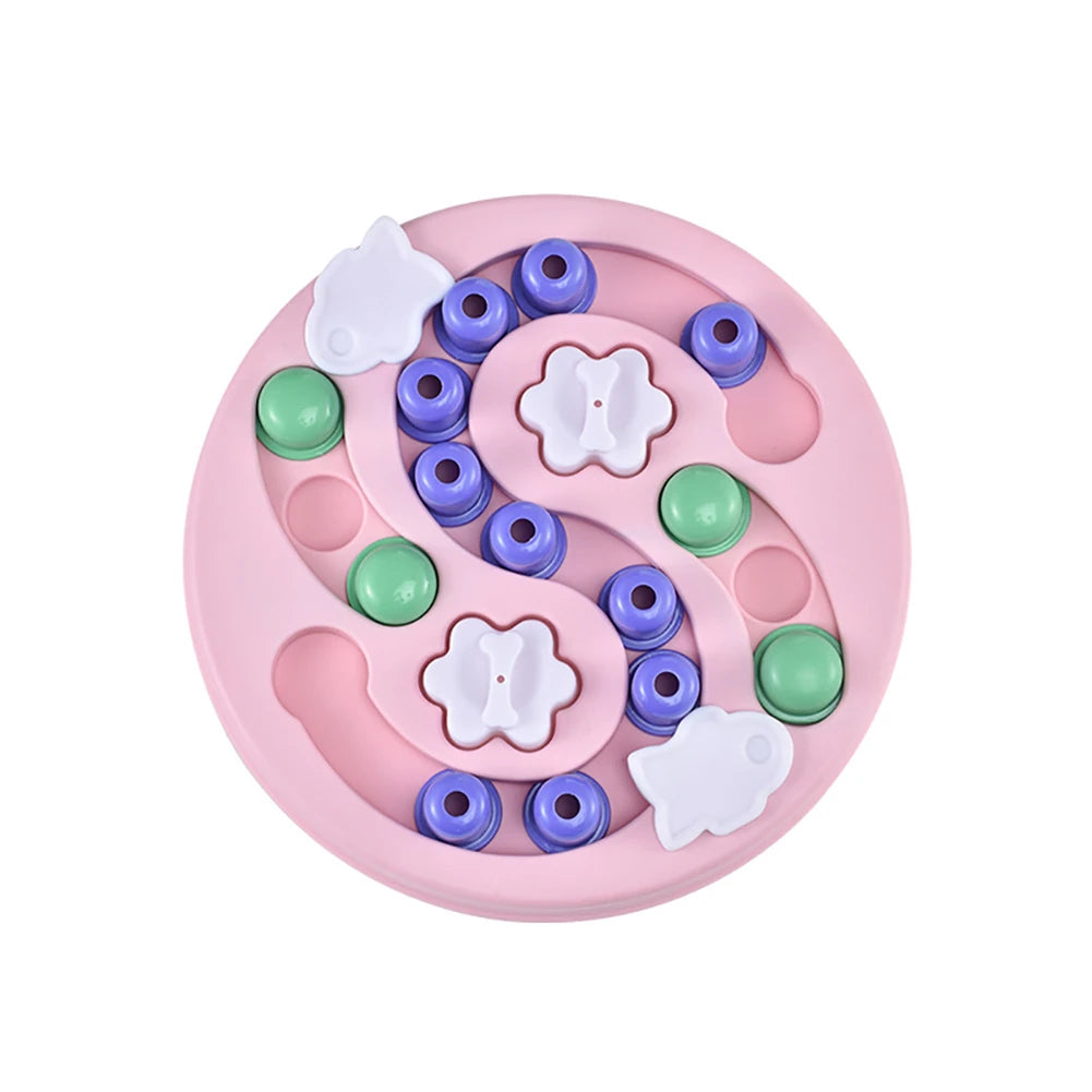 Pink interactive dog puzzle feeder with sliding compartments and removable treat covers for enrichment and slow feeding