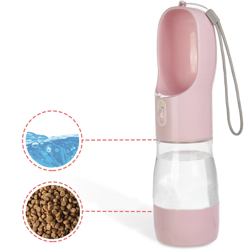 Pink portable dog water bottle with built-in drinking bowl and separate compartments for water and dry pet food