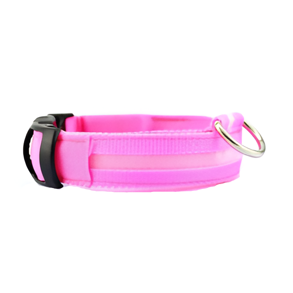 Pink reflective dog collar with adjustable buckle and metal D-ring for leash attachment