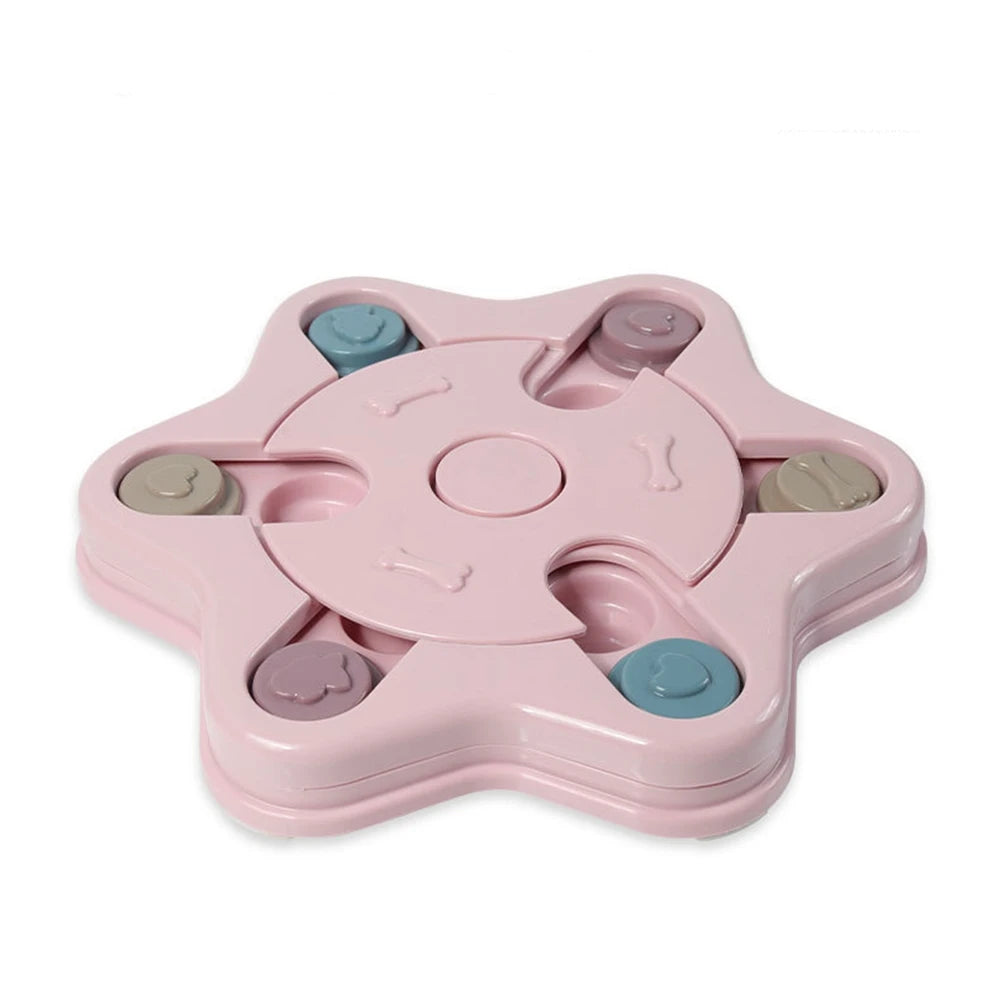Pink star-shaped interactive dog puzzle feeder with rotating and sliding treat compartments