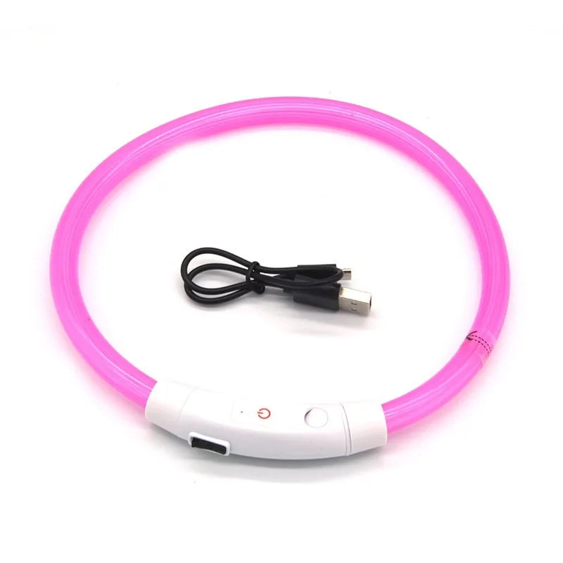 Pink USB rechargeable LED dog collar with illuminated tube, power switch and charging cable