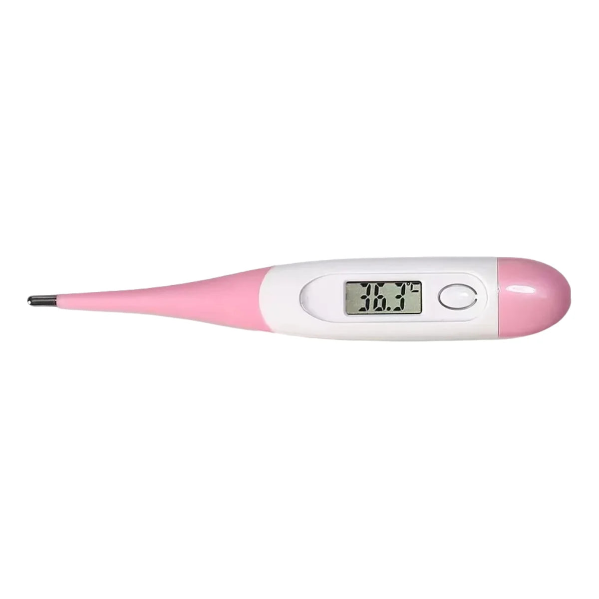 Pink and white digital pet thermometer with LCD temperature display, power button and metal probe tip