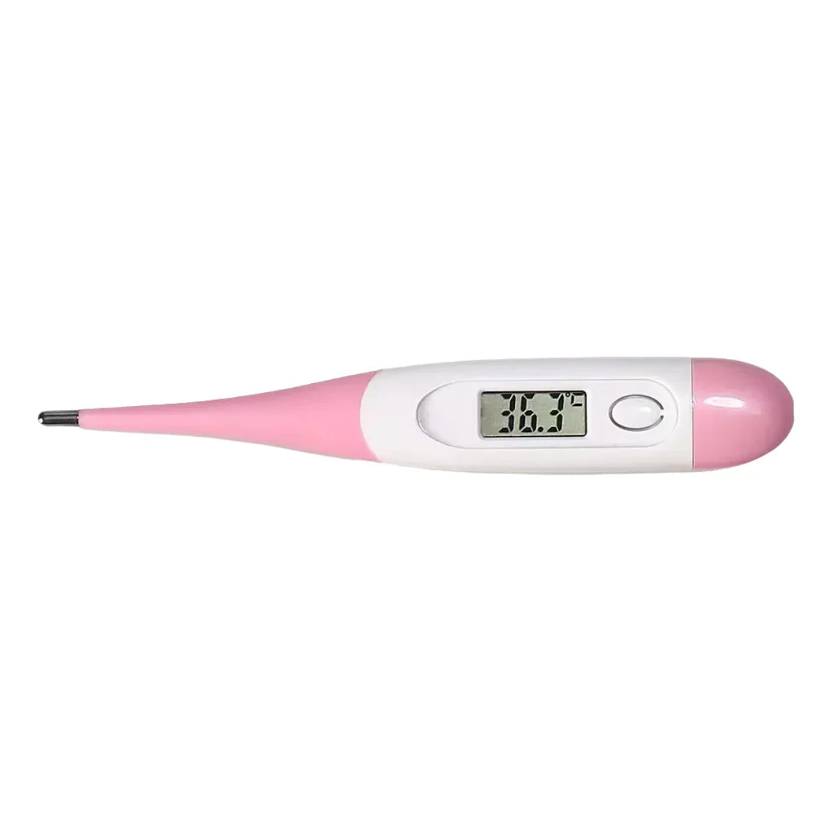 Pink and white digital pet thermometer with LCD temperature display, power button and metal probe tip