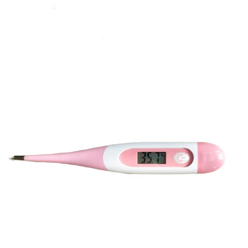 Pink and white digital pet thermometer with LCD temperature display, power button and metal probe tip