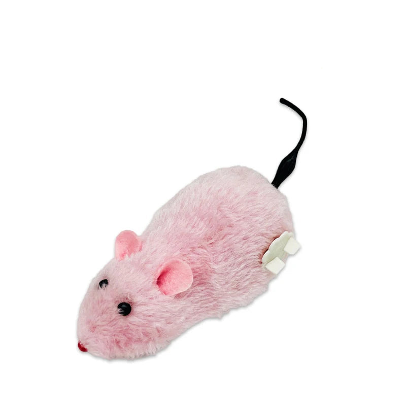Pink plush wind-up mouse cat toy with black tail, black eyes and white winding key