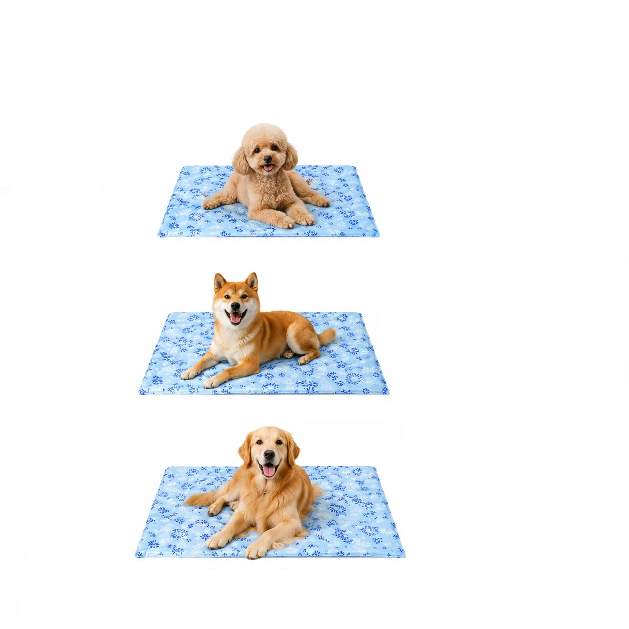 Three dogs of different sizes lying on blue snowflake pet cooling mats to show size suitability