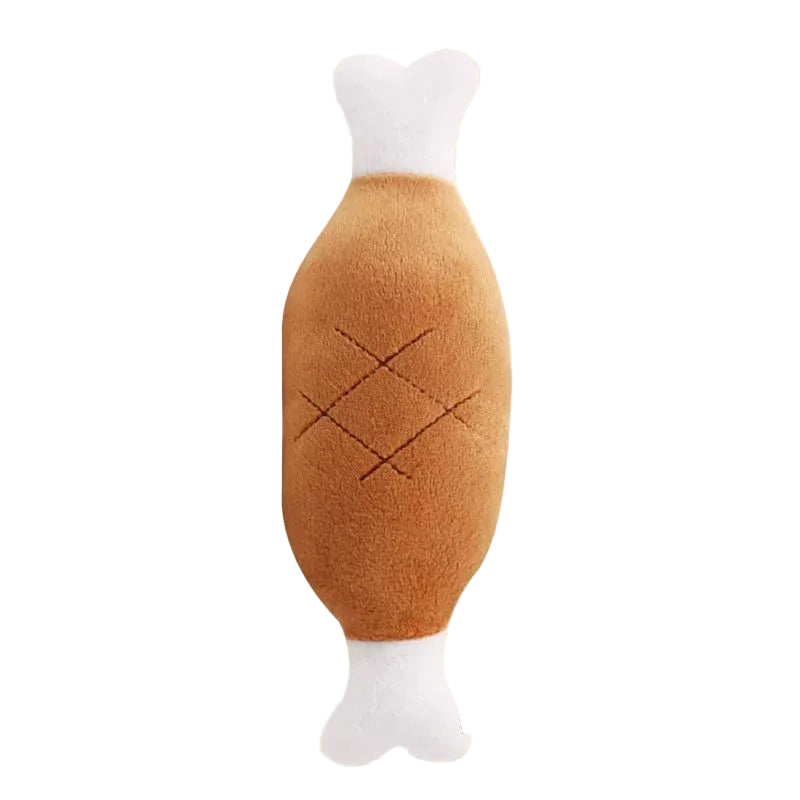 Brown and white plush chicken drumstick dog toy with soft fabric and stitched grill detail