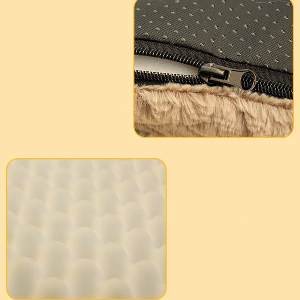 Close-up of plush dog bed mat showing zippered cover, non-slip base and soft cushioned surface