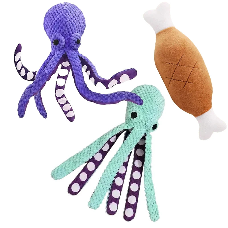 Plush dog toy set with purple and green octopus toys and a soft drumstick-shaped chew toy