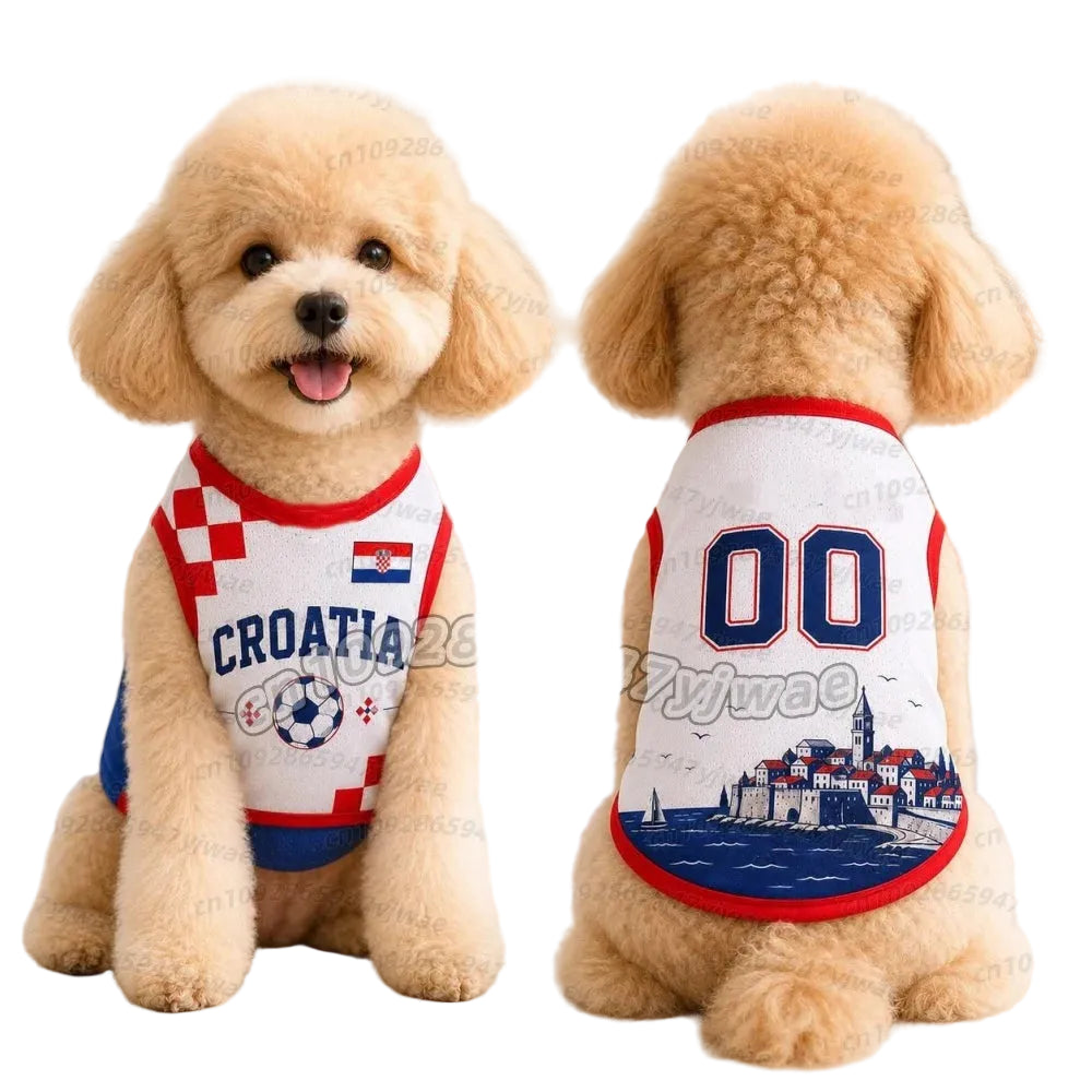 Corgi wearing a white, red and navy Croatia dog soccer jersey with number 10, shown from the front and back