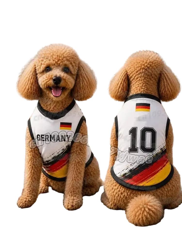 Poodle wearing a white Germany dog soccer jersey with black, red and yellow details and number 10 on the back