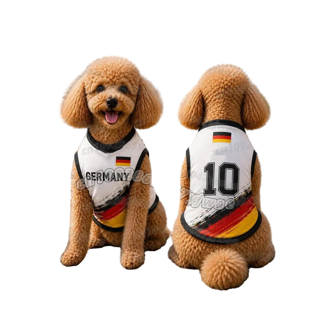 Poodle wearing a white Germany dog soccer jersey with black, red and yellow details and number 10, shown from the front and back