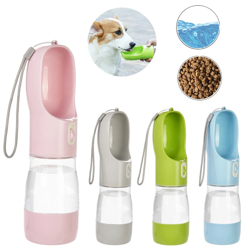 Blue portable dog water bottle with built-in drinking bowl, clear water reservoir and wrist strap