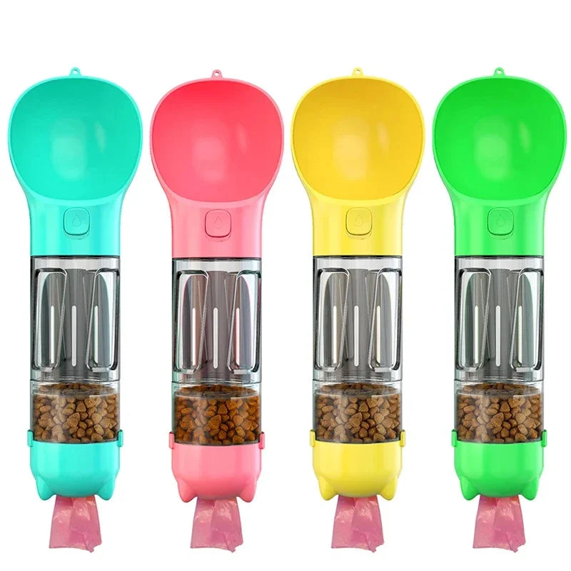 Portable dog water and food dispensers in turquoise, pink, yellow and green with built-in drinking bowls and dry food storage compartments