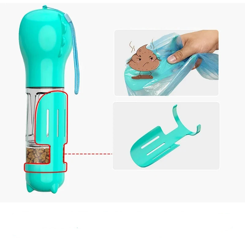 Turquoise portable dog water and food dispenser showing built-in waste bag storage and detachable pet waste scoop