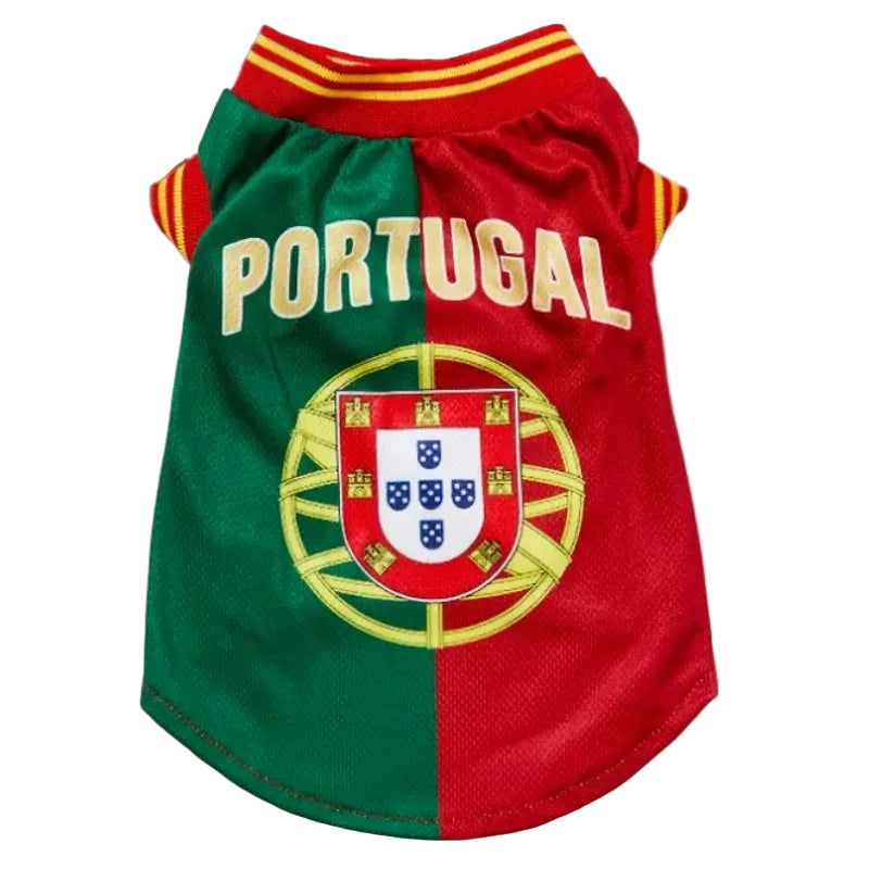 Red and green Portugal dog soccer jersey with national crest and gold-trimmed collar