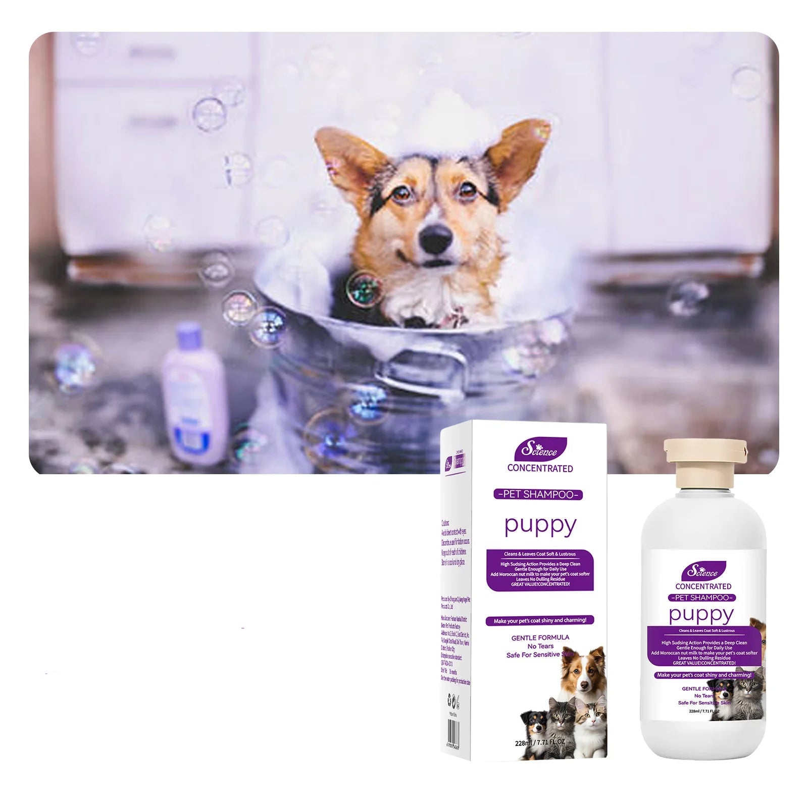 Dog being bathed with concentrated puppy shampoo, shown with the shampoo bottle and product packaging