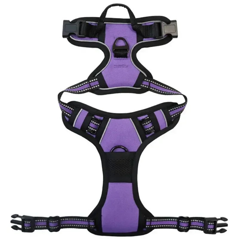 Purple and black adjustable dog harness with reflective straps, padded panels, grab handle and leash attachment rings