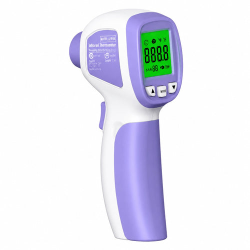 Purple and white non-contact infrared digital thermometer with green LCD temperature display