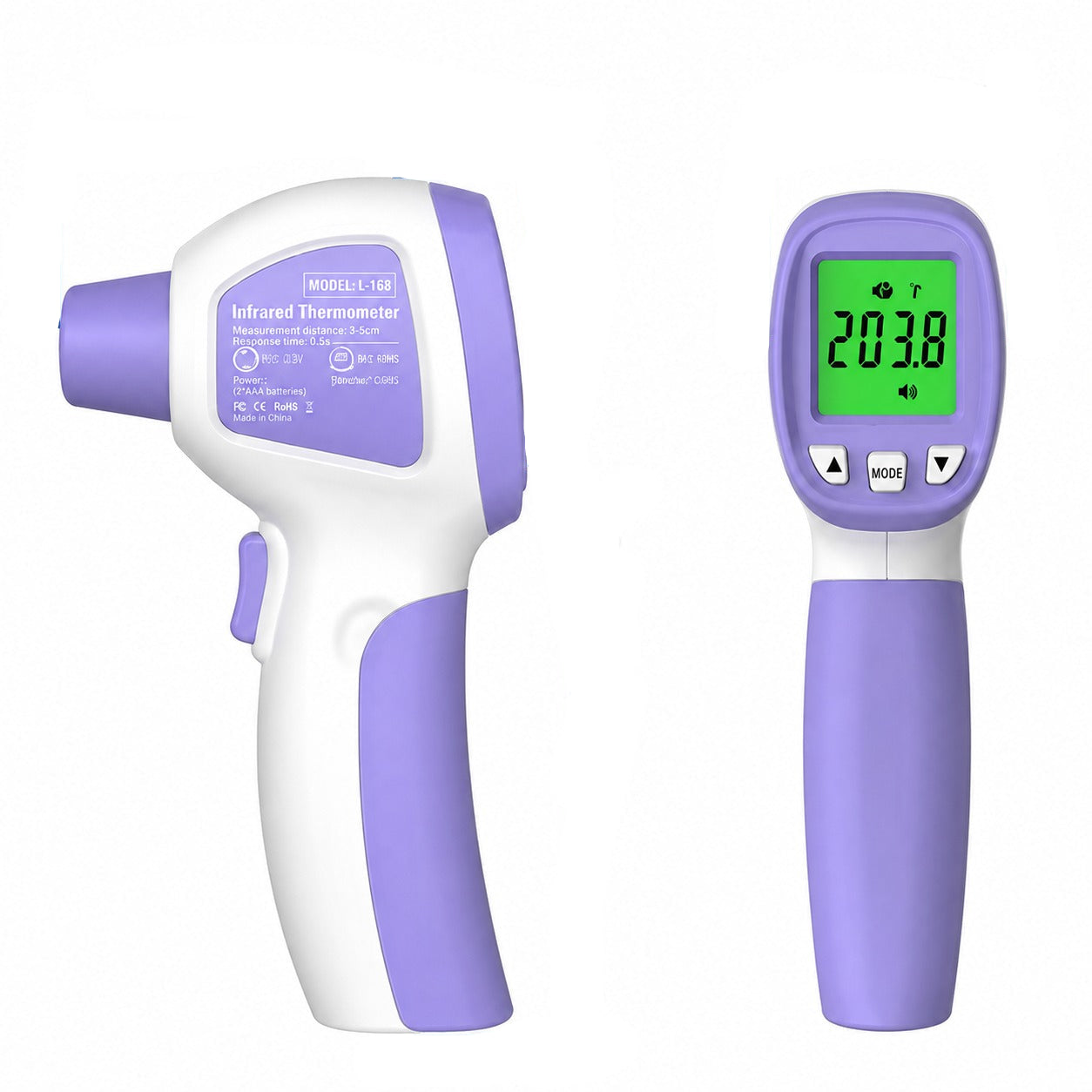 Purple and white non-contact infrared thermometer shown from front and side with green digital temperature display