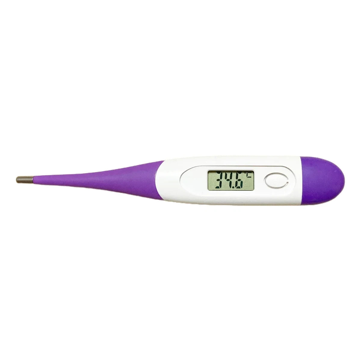 Purple and white digital pet thermometer with LCD temperature display, power button and metal probe tip