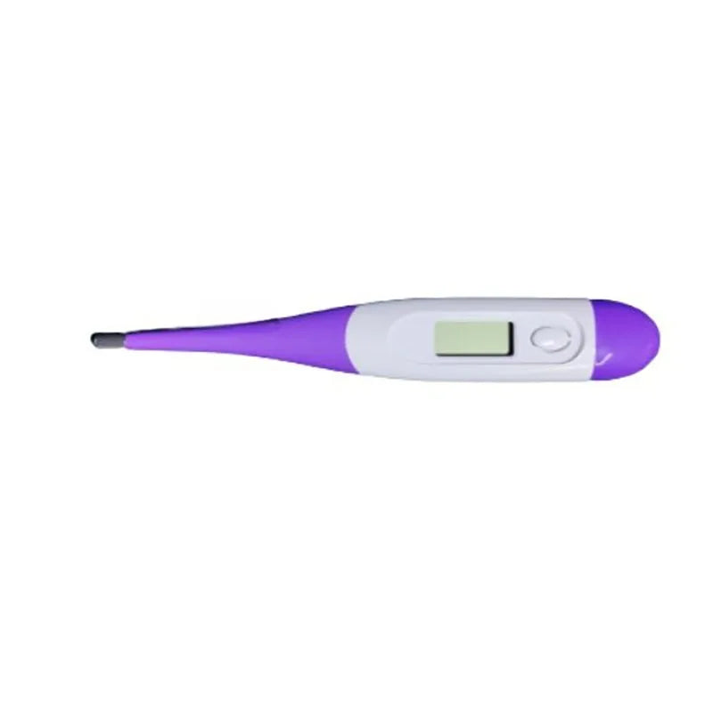 Purple and white digital pet thermometer with LCD display, power button and metal probe tip