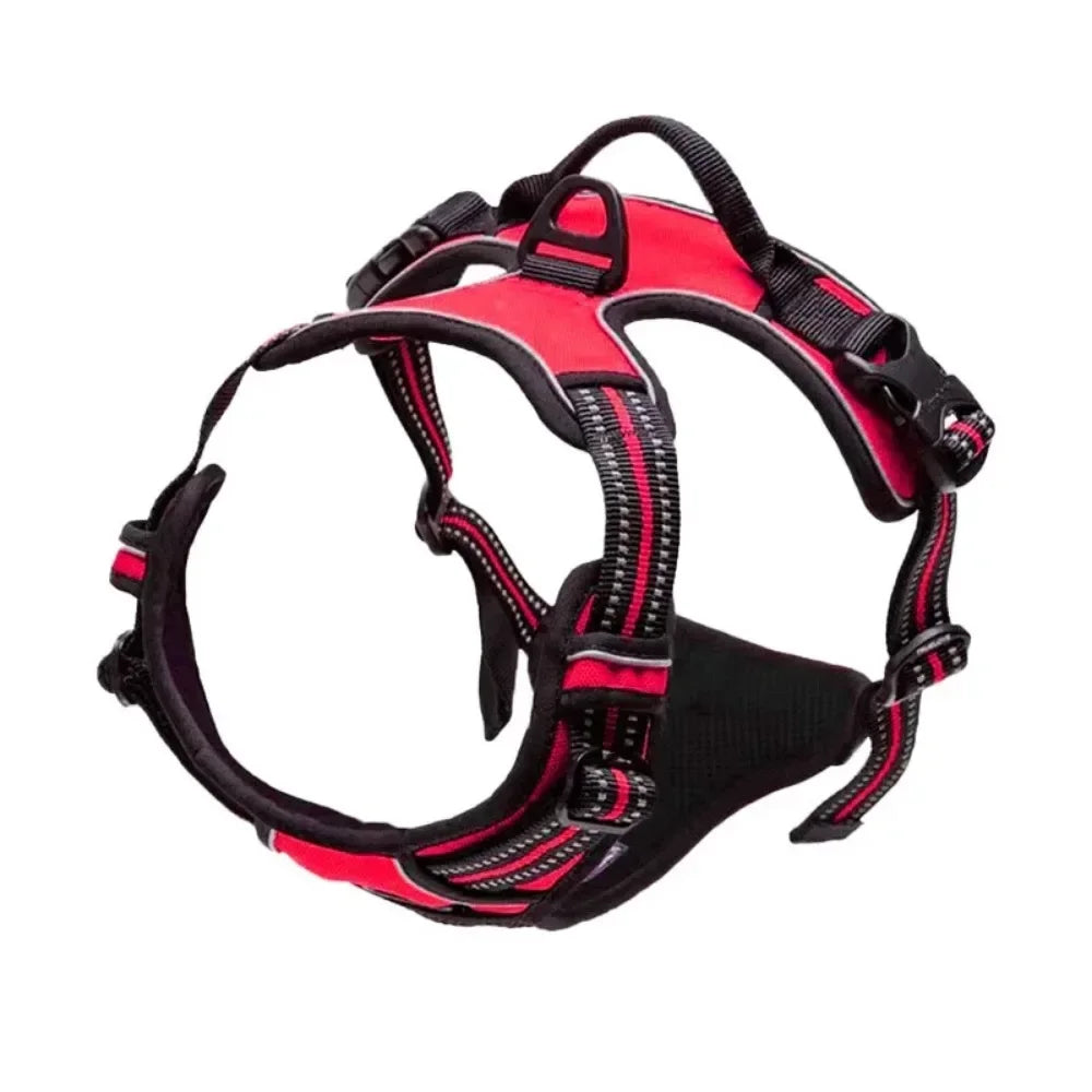 Red and black adjustable padded dog harness with reflective stitching, grab handle and multiple buckle straps