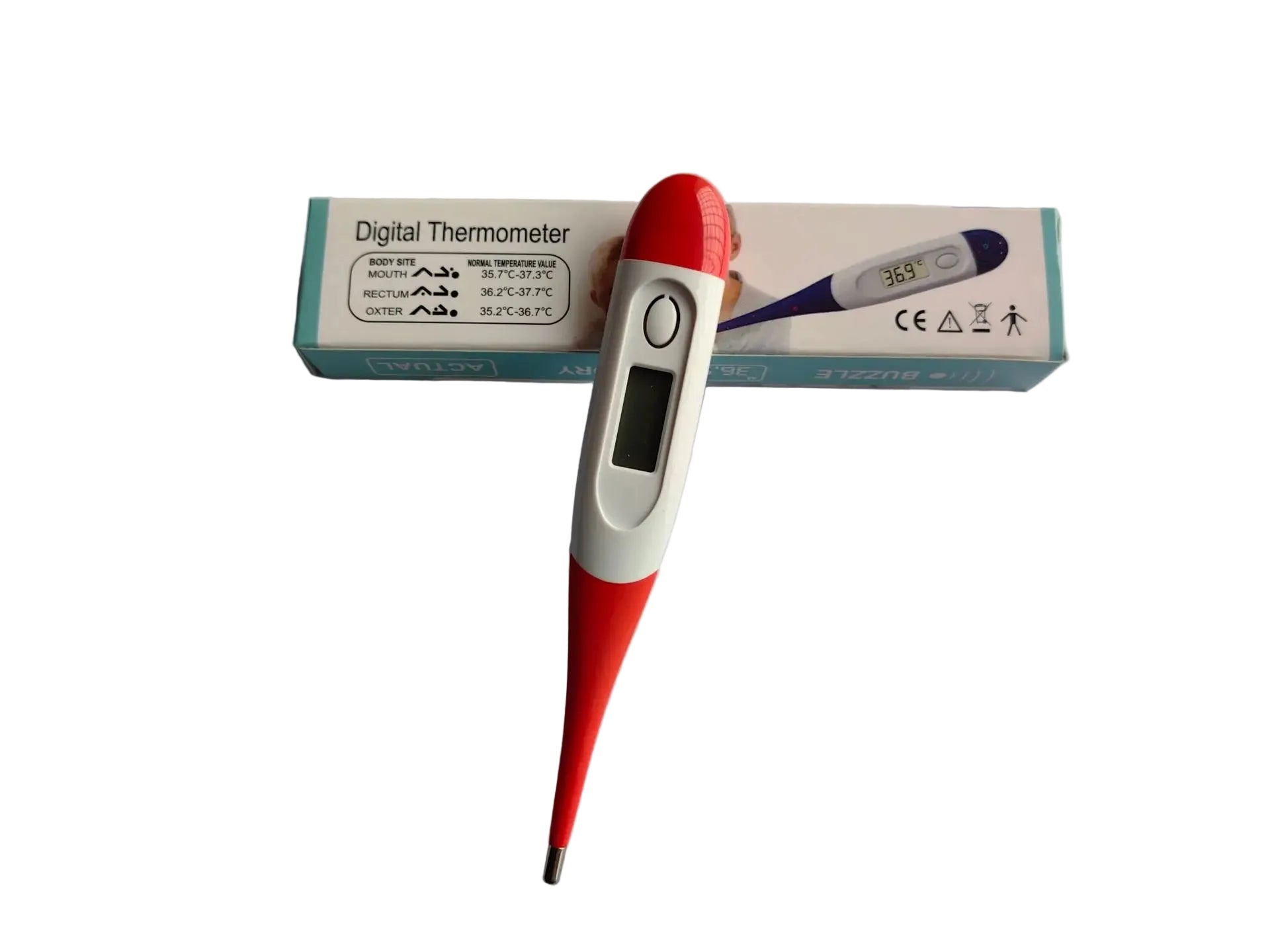 Red and white digital thermometer with LCD display shown in front of its product packaging.
