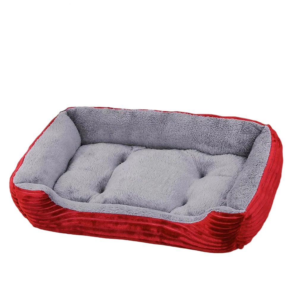 Red and grey plush bolster dog bed with soft padded base, raised cushioned sides and textured outer fabric