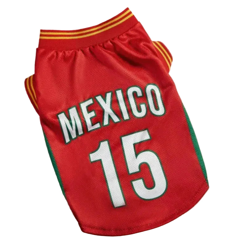 Red Mexico dog soccer jersey with green side panels and number 15 printed on the back