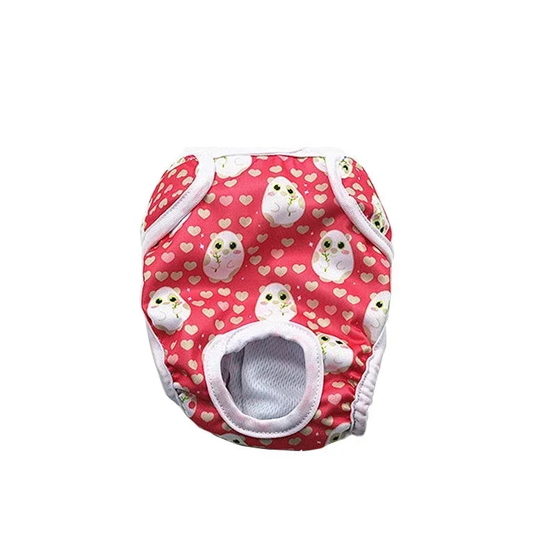 Red reusable female dog diaper with owl and heart print, tail hole and white trim