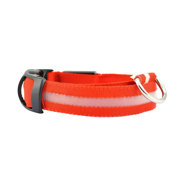 Red reflective dog collar with adjustable buckle and metal D-ring for leash attachment
