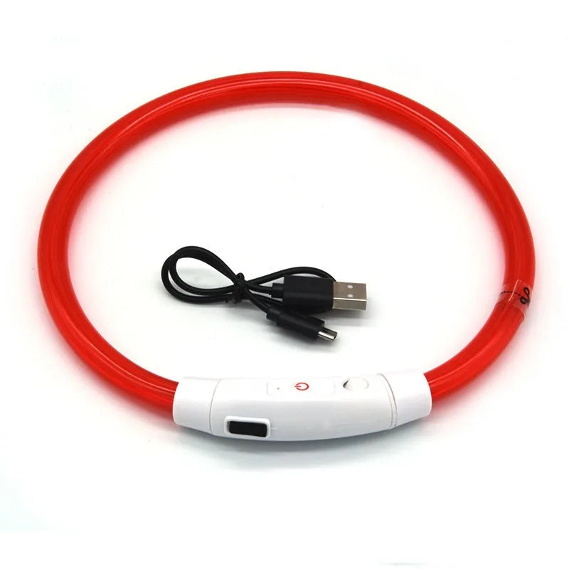 Red USB rechargeable LED dog collar with illuminated tube, power switch and charging cable