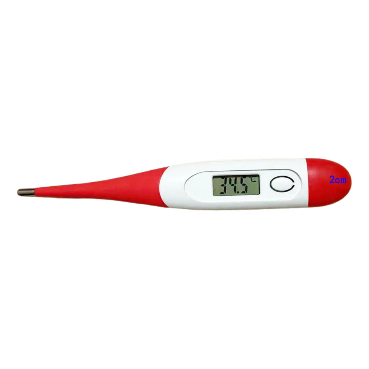Red and white digital pet thermometer with LCD temperature display, power button and metal probe tip