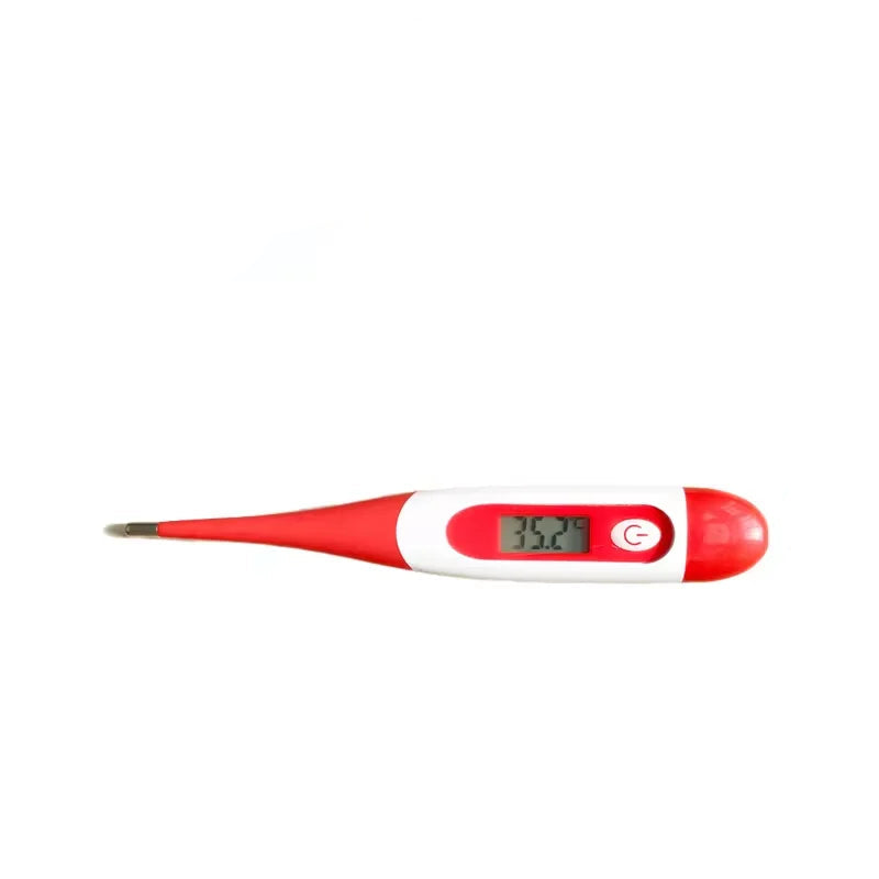 Red and white digital pet thermometer with LCD temperature display, power button and metal probe tip