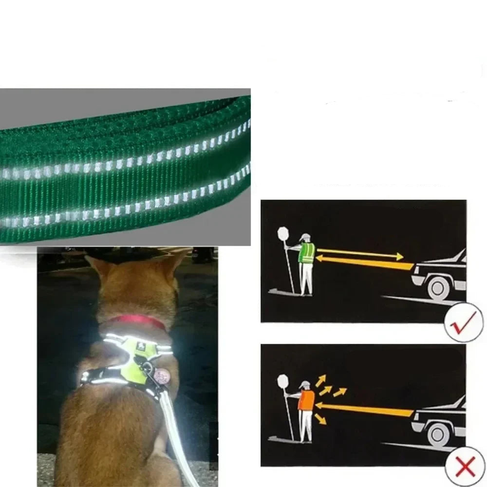 Reflective dog harness material shown with a dog wearing the harness at night and a diagram comparing visibility to drivers