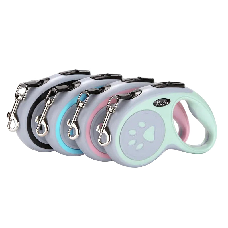 Four retractable dog leashes with paw print design shown in blue, pink, mint green and black colour options