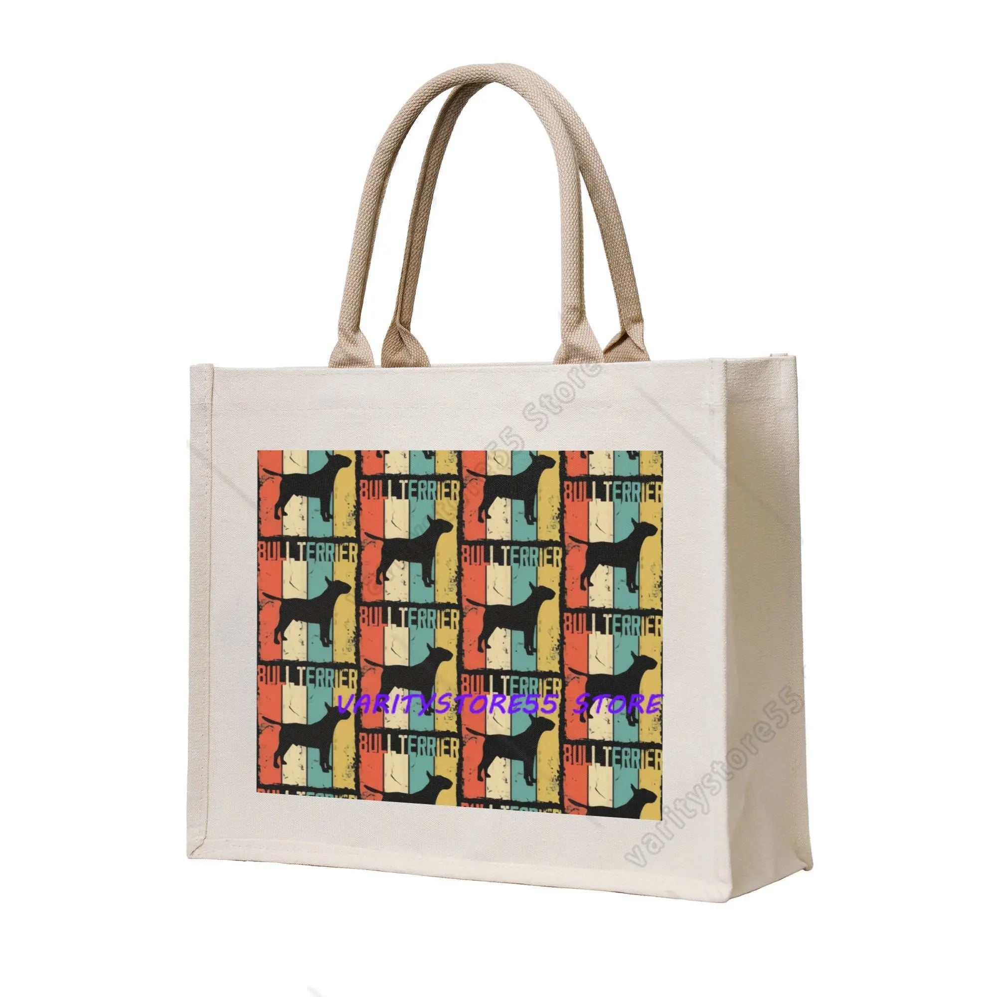 Cream canvas tote bag featuring a retro multicolour pattern with black Bull Terrier silhouettes and Bull Terrier text